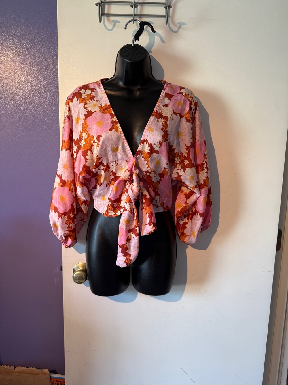Lush Pink and Brown Floral Tie-Front Crop Blouse